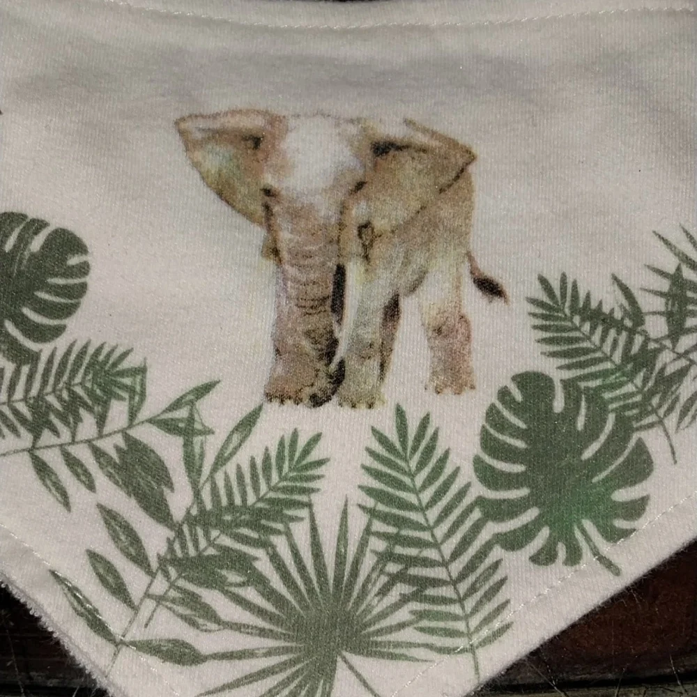Modern Day Baby Onesize Baby bib White with a green elephant.